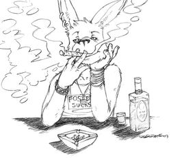 2003 alcohol anthro artdecade beverage cigar ear_piercing english_text food fur greyscale kangaroo macropod male mammal marsupial monochrome piercing sketch smoke smoking solo text