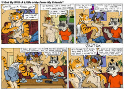 abs aiden_harris anthro arm_around_shoulders beverage canid canine canis closet_coon clothed clothing comic coyote dialogue ear_piercing english_text felid food group leafdog male male/male mammal muscular muscular_male pantherine piercing procyonid raccoon rodney_waters tail tea text thought_bubble tiger toby_romsawai topless