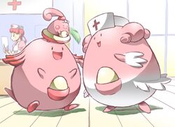 blissey chansey clothing female generation_1_pokemon generation_2_pokemon generation_4_pokemon group happiny human mammal nintendo nurse nurse_joy pokemon pokemon_(species) pouch_(anatomy) pouch_purse psycho-kaeruace uniform waddling_head