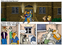 aiden_harris anthro bed canid canine canis closed_eyes closet_coon clothing colin_young comic coyote dialogue drunk ear_piercing english_text fox furniture group leafdog male mammal piercing procyonid raccoon red_fox rodney_waters sleeping substance_intoxication tail text true_fox underwear