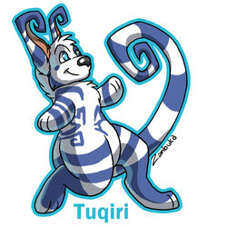 1:1 anthro biped blue_eyes blue_markings crux curled_tail digital_media_(artwork) digitigrade full-length_portrait happy male markings name_badge outline portrait ring_(marking) ringed_tail running side_view simple_background smile solo striped_markings striped_tail stripes tail tail_markings tuqiri white_background zambuka