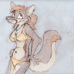 1:1 anthro bikini biped breasts canid canine clothed clothing clothing_pull deep_navel ear_piercing female fox foxer421 hair jewelry mammal navel necklace orange_hair panties panty_pull piercing ponytail simple_background sketch skimpy solo standing swimwear tail tight_clothing underwear underwear_pull undressing