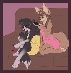 anthro black_body black_fur black_hair brown_body brown_fur brown_hair brush canid canine canis clothing colored_nails demicoeur digital_media_(artwork) domestic_dog duo female fur furniture green_eyes hair half-closed_eyes karla_(karla) long_hair mammal nails narrowed_eyes on_sofa pink_background pink_clothing pink_tongue simple_background sitting sitting_on_sofa sofa tail tongue tongue_out towel towel_only