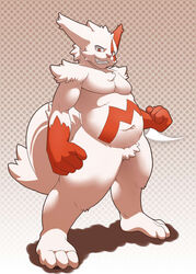 3_toes 4_fingers abstract_background anthro anthrofied biped biri clenched_teeth crotch_tuft feet fingers fist fur generation_3_pokemon grin looking_at_viewer male markings nintendo nude overweight overweight_anthro overweight_male pattern_background pink_nose pokemon pokemon_(species) pokemorph pupils red_body red_eyes red_fur red_markings riot41 simple_background slit_pupils smile solo standing tail teeth toes tuft white_body white_fur zangoose