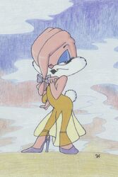 1995 2:3 anthro babs_bunny biped blue_eyes clothed clothing dress ear_over_eye female footwear high_heels lagomorph legwear leporid looking_at_viewer low_res mammal rabbit ribbons shoes skimpy solo standing stockings tiny_toon_adventures translucent translucent_clothing unknown_artist vintage warner_brothers