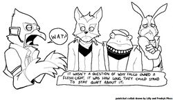 anthro canid canine dialogue english_text falco_lombardi fox fox_mccloud fredryk_phox group male mammal monochrome nintendo paintchat peppy_hare slippy_toad star_fox text