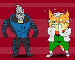 alien anthro armor bioware black_sclera blue_eyes blush canid canine duo electronic_arts fox fox_mccloud fredryk_phox garrus_vakarian green_eyes heart_symbol male mammal mass_effect nintendo paintchat red_background simple_background smile star_fox turian