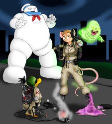 anatid anseriform avian bird building clothing cloud costume denike digital_media_(artwork) duck eye_patch eyewear female ghost ghostbusters group hi_res male mammal manhole mouse murid murine purple_slime rodent slime slimer spirit stay_puft stay_puft_marshmallow_man tail undead