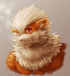 anthro arcanine biri bust_portrait canid canine fur generation_1_pokemon grey_background hair male mammal nintendo orange_body pokemon pokemon_(species) pokemorph portrait pupils red_eyes riot41 simple_background slit_pupils solo white_hair