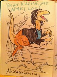 ambiguous_gender coloring_book dinosaur dromaeosaurid extinct feral forest marker_(artwork) molly_lewis open_mouth outside plant prehistoric_species reptile scalie solo source_request tail teeth text the_room theropod tommy_wiseau tongue traditional_media_(artwork) tree velociraptor wood