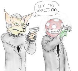 anthro anthrofied canid canine clothed clothing crossover duo elemental_creature environmentalism flora_fauna fox fox_mccloud fredryk_phox gun handgun holding_gun holding_object holding_ranged_weapon holding_weapon male mammal mario_bros necktie nintendo paintchat piranha_plant plant ranged_weapon smile star_fox suit weapon