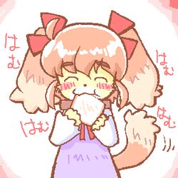 1:1 anthro blush bread canid canine canis closed_eyes clothed clothing collar digital_media_(artwork) domestic_dog dress eating female food itou_sora japanese_text kin-shun low_res mammal solo tail text toast