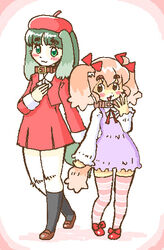 anthro blush brown_eyes canid canine canis clothed clothing collar digital_media_(artwork) domestic_dog dress duo female footwear green_eyes green_hair hair hat headgear headwear itou_sora kin-shun legwear mammal mary_janes open_mouth pattern_clothing pattern_legwear shoes simple_background socks striped_clothing striped_legwear stripes tail white_background