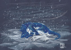 2010 anthro blue_body blue_fur fur male mammal markus_(dowantanaccount) outside sergal snow snowing solo tail traditional_media_(artwork) ts-cat winter