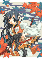  artist_request black_hair female horns japanese_clothes leaf misumi_(summon_night) oni single_horn solo summon_night sword weapon 