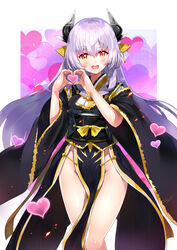  commentary_request fate/grand_order fate_(series) female han&#039;eri heart heart_hands highres horns japanese_clothes kimono kiyohime_(fate) kiyohime_(third_ascension)_(fate) long_hair looking_at_viewer obi obiage obijime open_mouth pelvic_curtain purple_hair red_eyes sash solo sora-bozu 