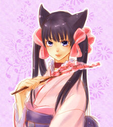  animal_ears black_hair bow branch commentary_request female fox_ears hair_ribbon hairbow japanese_clothes kimono long_hair nora-neko obi otome_youkai_zakuro pink_bow pink_kimono purple_eyes ribbon sash solo twintails zakuro_(otome_youkai_zakuro) 