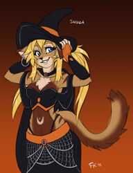  2015 anthro armwear belly blonde_hair breasts bridal_gauntlets brown_belly brown_body brown_fur bustier chest_tuft clothed clothing conditional_dnp countershading digital_media_(artwork) ear_piercing ear_ring felid female fluff-kevlar fur gloves hair halloween handwear hat headgear headwear holidays hoop_ear_ring magic_user mammal midriff navel panties piercing reverse_countershading ring_piercing sahara_(skimike) smile solo striped_body striped_fur stripes tail tan_body tan_fur thong_straps tuft underwear white_body white_fur witch witch_hat 