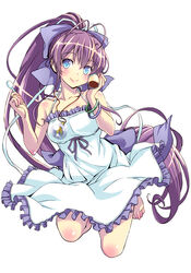  antenna_hair barefoot blue_eyes blush breasts circle_skirt commentary_request dress dress_flip female food jewelry long_hair looking_at_viewer medium_breasts pendant photoshop_(medium) ponytail pudding purple_hair ryuugajou_nanana ryuugajou_nanana_no_maizoukin sena_monaco smile solo spoon very_long_hair 