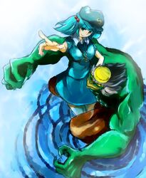  bad_id bad_pixiv_id blue_eyes blue_hair female hair_bobbles hair_ornament highres jojo_no_kimyou_na_bouken kappa kawashiro_nitori key pointing semania9ja solo stand_(jojo) touhou two_side_up water 