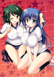  2girls ;d blue_hair blush buruma commentary_request gakkou_de_seishun! green_eyes green_hair gym_uniform hair_ribbon kanzaki_ayane kneehighs kneeling long_hair looking_at_viewer multiple_girls nagamori_chisa one_eye_closed open_mouth red_eyes ribbon sanshoku_amido short_hair smile socks star_(symbol) twintails 