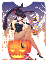  animal_ears black_hair blue_eyes bow bowtie candy commentary_request detached_collar female food halloween jack-o&#039;-lantern lion lollipop loneteel nephthys_(p&amp;d) pantyhose photoshop_(medium) playboy_bunny ponytail puzzle_&amp;_dragons rabbit_ears solo sphinx_(p&amp;d) swirl_lollipop wrist_cuffs 