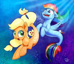  2017 alternate_species applejack_(mlp) blonde_hair blue_body blue_scales broken_teeth cutie_mark derp_eyes duo female fish freckles friendship_is_magic green_eyes hair hasbro hi_res long_hair marine multicolored_hair my_little_pony open_mouth orange_body orange_scales purple_eyes rainbow_dash_(mlp) rainbow_hair scales seapony_(mlp) teeth tongue tsitra360 unconscious 