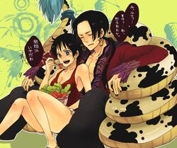  1boy black_hair blue_eyes boa_hancock chikiko_(chiki2424) couple earrings female jewelry monkey_d_luffy one_piece pixiv_manga_sample rule_63 salad salome_(one_piece) scar short_hair shorts snake 