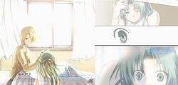  1boy album_cover blonde_hair copyright_name cover female green_eyes green_hair higurashi_no_naku_koro_ni houjou_satoshi photoshop_(medium) red_eyes ribbon sonozaki_shion umiichi_kurage 