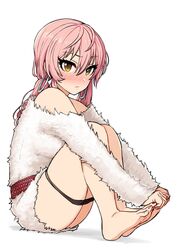  bad_id bad_twitter_id bare_legs bare_shoulders barefoot black_panties blush closed_mouth dorsiflexion dress earrings embarrassed eyelashes female full_body fur_sweater hair_between_eyes highres holding_own_foot hoop_earrings idolmaster idolmaster_cinderella_girls jewelry jougasaki_mika knees_up long_hair long_sleeves looking_at_viewer low_twintails nose_blush off-shoulder_sweater off_shoulder omaru_gyuunyuu panties panty_pull pink_hair simple_background solo sweater sweater_dress tsurime twintails underwear white_background white_sweater yellow_eyes 