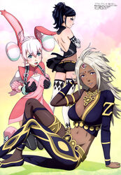  3girls :d absurdres animal_ears argyle_clothes argyle_gloves ass backless_outfit bare_shoulders black_gloves blush body_blush breast_envy breast_hold breasts bubuki_buranki butt_crack cleavage crossed_arms dark-skinned_female dark_skin elbow_gloves from_behind gloves hair_between_eyes highres joan_jhao kazuki_kaoruko kneeling lakshmi_(bbk/brnk) large_breasts light_smile long_hair looking_at_viewer medium_breasts megami_magazine multiple_girls official_art open_mouth parted_lips print_gloves profile ribbon round_teeth scan shindou_miho short_hair shoulder_blades sitting skindentation smile standing teeth tongue upper_teeth_only white_gloves 