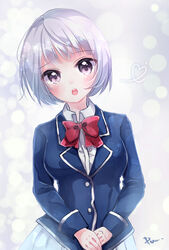  :o blush boku_no_kanojo_ga_majimesugiru_shojo_bitch_na_ken bow commentary_request female highres kousaka_akiho looking_at_viewer purple_eyes rabbitruu red_bow school_uniform short_hair standing uniform white_hair 