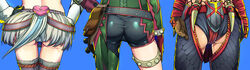  3girls armor ass ass_cutout asymmetrical_clothes bag belt belt_pouch blue_background cete_(controllingtime) clenched_hand clothing_cutout commentary_request deviljho_(armor) from_behind gauntlets hand_on_own_hip hands_on_own_hips kirin_(armor) monster_hunter_(character) monster_hunter_(series) multiple_girls nargacuga_(armor) panties pants pouch shiny_clothes simple_background single_pantsleg skin_tight standing thigh_gap thighhighs underwear 