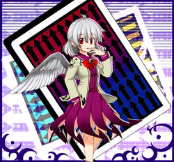  arrow_(symbol) bow bowtie card commentary_request dress female gimicalmas grey_hair hand_in_pocket jacket kishin_sagume long_sleeves md5_mismatch open_clothes purple_dress red_eyes shirt short_hair single_wing smile solo touhou wings 