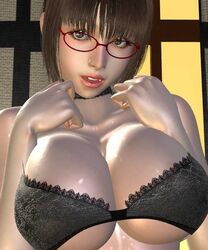  3d big_breasts bra breasts brown_eyes brown_hair choker cleavage female female glasses hands_up huge_breasts inran_bakunyuu_onna_kyoushi kageyama_miyuki lace-trimmed_bra large_breasts lewd_bomb_bust_female_teacher lingerie open_mouth original red-framed_glasses red_glasses short_hair solo umemaro umemaro_3d underwear 