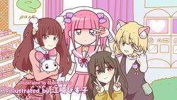  4girls animal animal_ear_fluff animal_ears artist_name black_vest blonde_hair blunt_bangs blush bow brown_eyes brown_hair buttons cardboard_cutout cardigan cat_ears commentary_request double_v dress end_card ezaki_bisuko fake_animal_ears fake_horns hair_ribbon heart holding holding_animal holding_rabbit horns indoors jitome looking_at_viewer menhera-chan_(ezaki_bisuko) menhera-chan_(ezaki_bisuko)_(character) multiple_girls official_art pantyhose park_harajuku:_crisis_team! pink_dress pink_sailor_collar pink_skirt pleated_skirt posing poster_(object) purple_bow rabbit red_eyes red_hair ribbon sailor_collar selfie shirako_mari short_twintails sidelocks skirt smile source_request sudou_rito thighhighs third-party_source twintails urahara_(anime) usatan_(ezaki_bisuko) v vest watatsumugi_kotoko white_dress white_pantyhose yellow_cardigan 