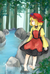  aki_minoriko apron barefoot blonde_hair blouse blurry choker commentary_request depth_of_field female food food-themed_clothes forest fruit grapes hat highres juliet_sleeves kuroneko13x long_sleeves mob_cap nature photoshop_(medium) profile puffy_sleeves red_eyes ribbon_choker rock shirt short_hair sitting sitting_on_rock skirt smile soaking_feet solo splashing stream touhou water 