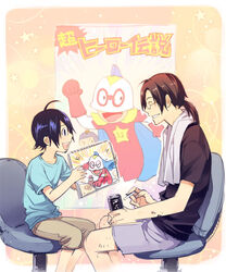  2boys :d age_difference bakuman black_eyes black_hair black_shirt blue_shirt can chair cigarette closed_eyes commentary_request drink_can glasses happy looking_at_another male_focus mashiro_moritaka mashiro_nohuhiro multiple_boys notebook open_mouth pink_background ponytail poster_(object) shirt short_hair shorts sitting smile soda soda_can star_(symbol) starry_background tanio31 towel towel_around_neck uncle_and_nephew 