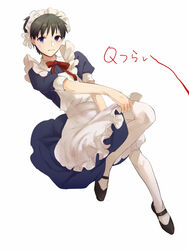  1boy apron bad_id bad_pixiv_id black_footwear blue_eyes blush brown_hair closed_mouth crossdressing evangelion:_3.0_you_can_(not)_redo frilled_apron frills full_body ikari_shinji karimero_(calimer0) looking_at_viewer maid maid_apron maid_headdress male_focus male_maid mary_janes neon_genesis_evangelion otoko_no_ko pantyhose rebuild_of_evangelion shoes short_hair short_sleeves simple_background solo white_pantyhose 