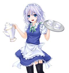  apron black_thighhighs blue_eyes bow braid commentary_request cup female frilled_apron frills garter_straps green_bow green_neckwear green_ribbons grey_hair hairbow izayoi_sakuya looking_at_viewer maid maid_headdress puffy_short_sleeves puffy_sleeves ribbon short_hair short_sleeves simple_background solo teacup teapot thighhighs touhou transparent_background tray twin_braids wata_(akawata) 