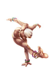  anklet armlet back barefoot bikini bracelet butt_crack commentary dark-skinned_female dark_skin elena_(street_fighter) english_commentary feet female flexible handstand highres jewelry kobus_faber one_arm_handstand perspective short_hair soles solo street_fighter street_fighter_iii_(series) swimsuit toes very_dark_skin white_hair 