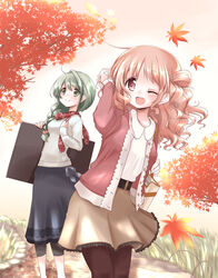  2girls ;d blush commentary_request green_eyes green_hair hidamari_sketch hiro_(hidamari_sketch) leaf leggings long_hair multiple_girls natsume_(hidamari_sketch) one_eye_closed open_mouth pantyhose photoshop_(medium) quro_(black_river) skirt smile 