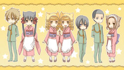  3boys 4girls agemaki_kei animal_ears apron asa_no_ha_(pattern) beads black_hair blonde_hair blue_eyes bonbori bow brown_eyes brown_hair chibi chico-noche commentary_request drill_hair fox_ears hair_ornament hair_ribbon hairbow hanakiri_ganryuu hands_on_own_hips holding_hands hoozuki_(otome_youkai_zakuro) japanese_clothes kimono long_hair maid_headdress military military_uniform multiple_boys multiple_girls obi open_mouth otome_youkai_zakuro ribbon sash short_hair siblings sisters smile standing star_(symbol) susukihotaru twins twintails uniform yoshinokazura_riken zakuro_(otome_youkai_zakuro) 