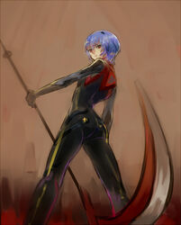  ayanami_rei bad_id bad_pixiv_id black_bodysuit blue_hair bodysuit evangelion:_3.0_you_can_(not)_redo female karimero_(calimer0) neon_genesis_evangelion plugsuit rebuild_of_evangelion red_eyes scythe short_hair solo 