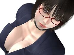  3d big_breasts bra breasts brown_eyes brown_hair business_suit choker cleavage dutch_angle female female glasses huge_breasts inran_bakunyuu_onna_kyoushi kageyama_miyuki large_breasts lewd_bomb_bust_female_teacher original red-framed_glasses red_glasses sensei short_hair simple_background solo teacher umemaro umemaro_3d underwear white_background 