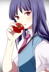  1boy akasaka_ryuunosuke blue_hair commentary_request long_hair machinosuke necktie otoko_no_ko purple_eyes sakura-sou_no_pet_na_kanojo school_uniform sweater_vest tomato 