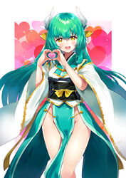  aqua_hair commentary_request fate/grand_order fate_(series) female green_hair han&#039;eri heart heart_hands highres horns japanese_clothes kimono kiyohime_(fate) long_hair looking_at_viewer no_panties obi obiage obijime open_mouth pelvic_curtain sash solo sora-bozu yellow_eyes 