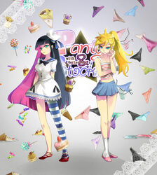  2girls cake candy commentary_request dress food hat ice_cream_cone jelly_bean jond.dm legs lollipop long_hair multiple_girls multiple_panties navel panties panty_&amp;_stocking_with_garterbelt panty_(psg) photoshop_(medium) sailor_dress siblings single_thighhigh sisters stocking_(psg) striped_clothes striped_thighhighs thighhighs underwear 