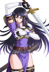  armor ayra_(fire_emblem) belt black_eyes black_hair boots bracelet breastplate commentary_request dress earrings elbow_gloves female fire_emblem fire_emblem:_genealogy_of_the_holy_war gloves holding holding_sword holding_weapon jewelry lips long_hair pauldrons photoshop_(medium) rakusai_(saisai_garou) ring sheath shoulder_armor side_slit simple_background smile solo sword thigh_boots thighhighs thighs thumb_ring very_long_hair weapon white_background 