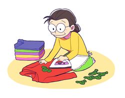  apron bad_id bad_twitter_id clothes_iron female glasses holding_clothes_iron hood hoodie inactive_account mae_(ijike_chuuka) matsuno_matsuyo old old_woman on_floor osomatsu-kun osomatsu-san osomatsu_(series) pile ponytail seiza simple_background sitting smile solo waist_apron white_background 